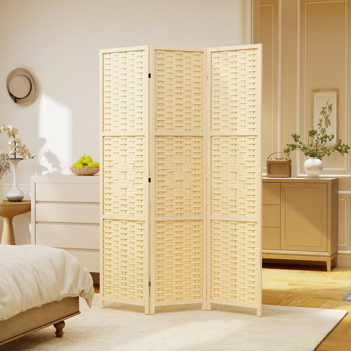 4-Panel Room Divider, 5.6 FT Bamboo Freestanding Folding Privacy Screen for Indoor Bedroom Office, Natural Wood