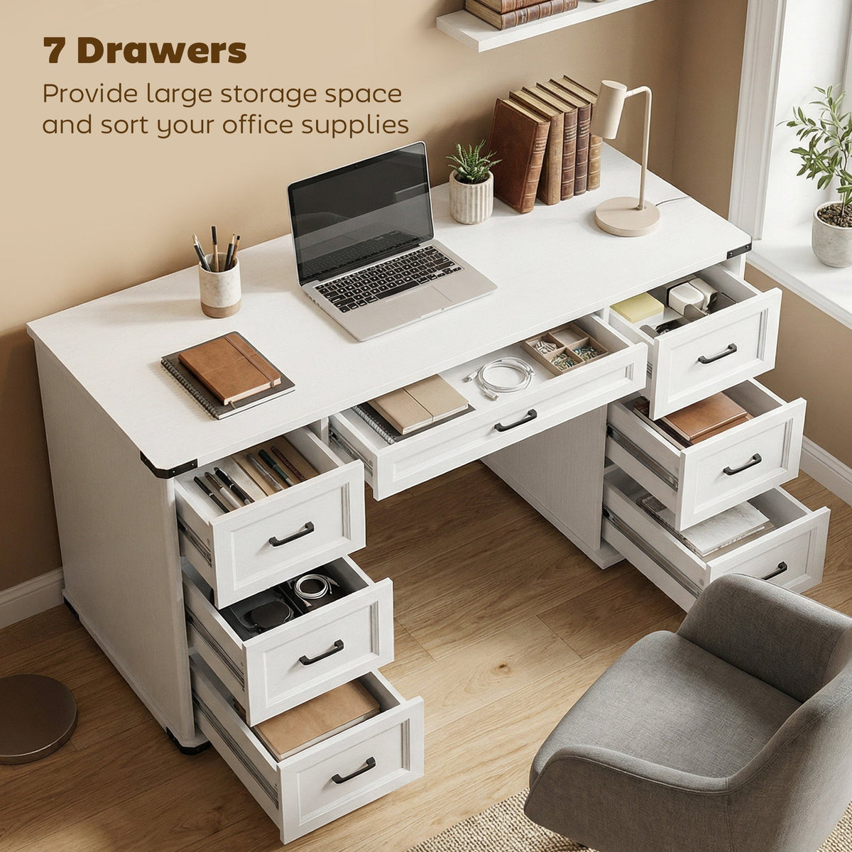 55" Computer Desk with 7 Drawers, Farmhouse Executive Desk for Home Office, Study, Bedroom, Black Wood Grain