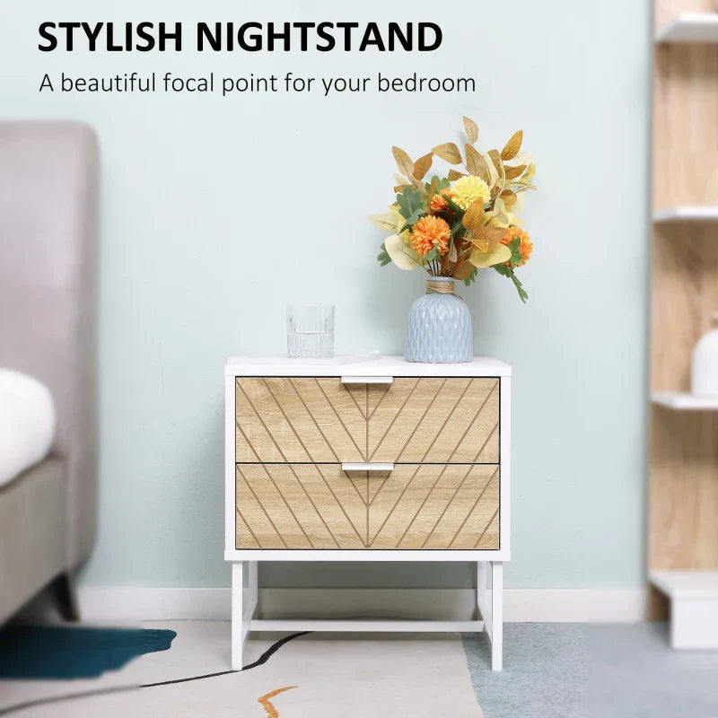 Emery Modern Bedside Table with 2 Drawers and Steel Legs-White/Oak