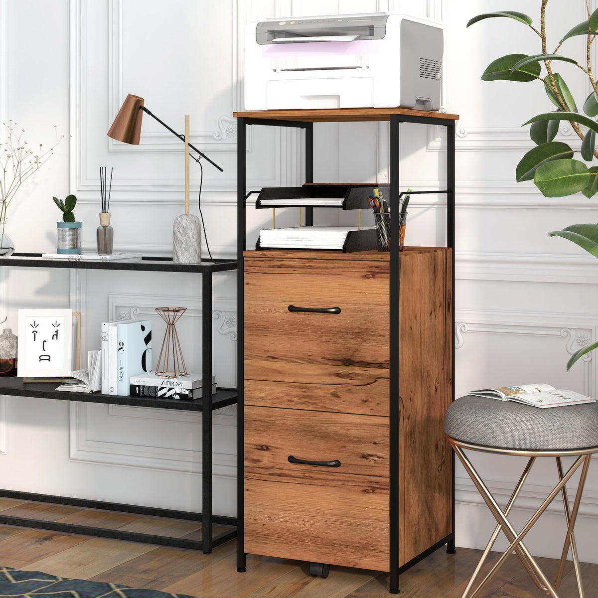 Vertical Filing Cabinet, Tall File Cabinet with 2 Drawers, Hanging Bars for Letter and A4 Size, Rustic Brown