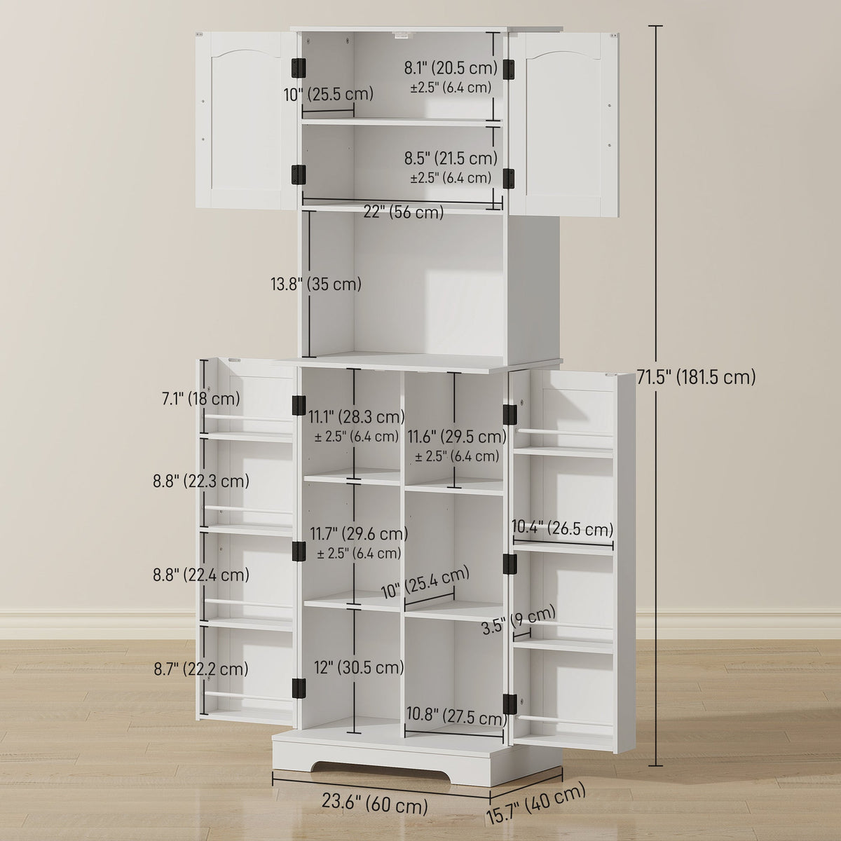 71.5" Tall Pantry Cabinet, Farmhouse Kitchen Storage Cabinet with Adjustable Shelves, 8 Door Spice Racks, Black