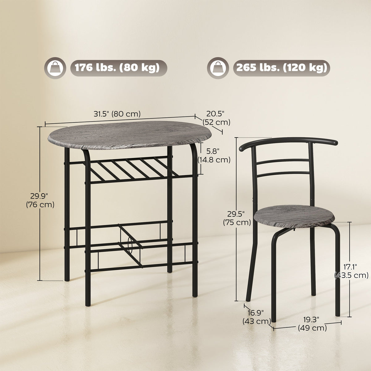 Foden 3-Piece Dining Set with Shelf, for Small Spaces-Dark Grey