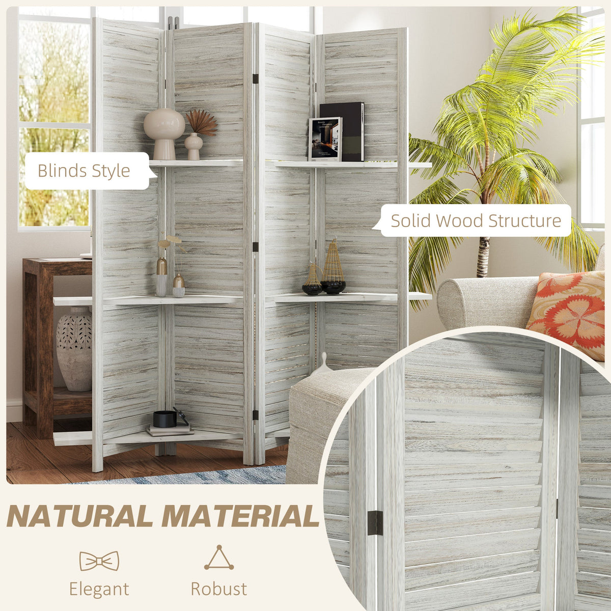 4-Panel Wall Partition Room Separator with 3 Storage Shelves Foldable Design Wooden Frame 5.6FT Distressed White