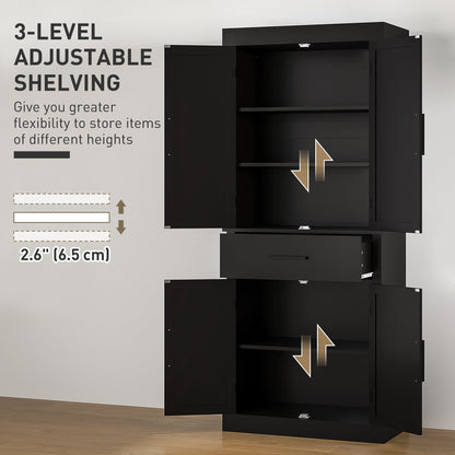 72" Kitchen Storage Cabinet, Farmhouse Kitchen Pantry Cabinet with 4 Barn Doors, Drawer, Adjustable Shelves, Black