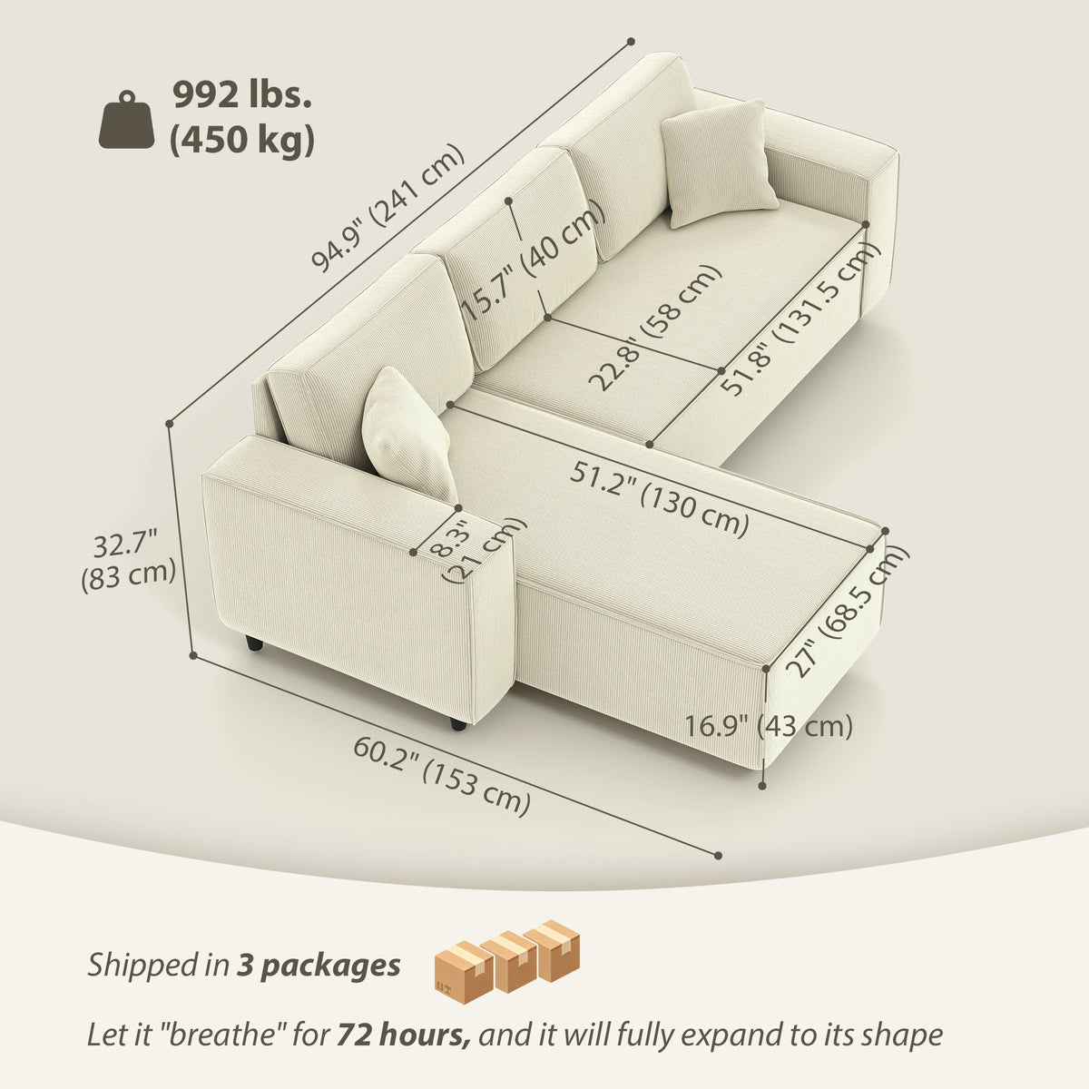 Ronny Reversible Sectional with Changeable Chaise-Cream White