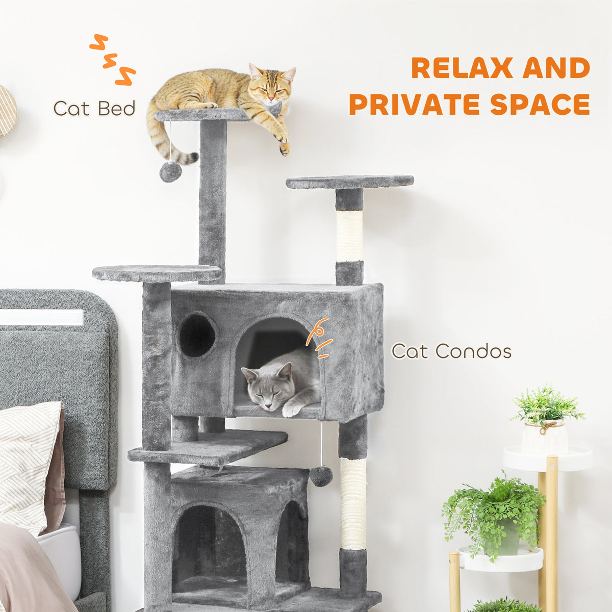 54" Cat Tree, Multi-Level Cat Tower with Scratching Posts, Cat Condos, Bed, Platforms, Ramp, Toy Ball, Beige