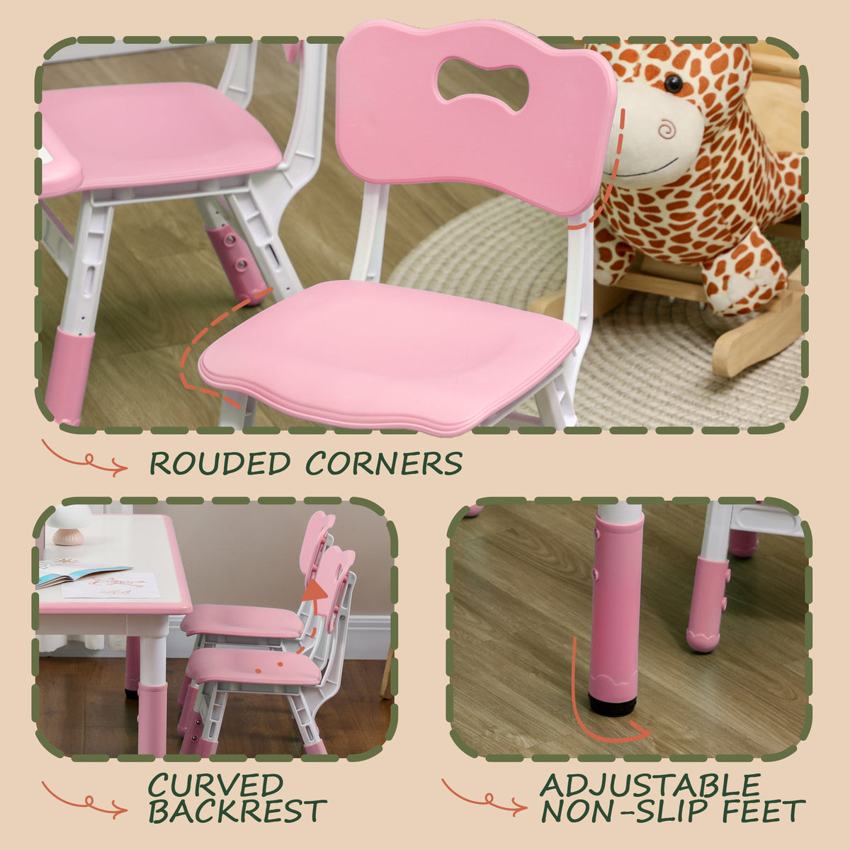 Kids Table and Chair Set with 4 Chairs, Adjustable Height, Easy to Clean, for 1.5 - 8 Years Old, Green