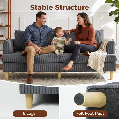 3 Seater Sofa, 74" Modern Corduroy Upholstered Couch with Thick Spring Cushions, Solid Wood Legs, Armrests, Beige