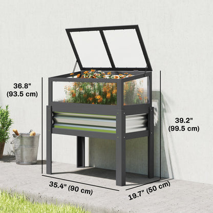 Raised Garden Bed with Flip-Up Greenhouse Top, Wooden Elevated Planter Box with Legs and Liner, Grey