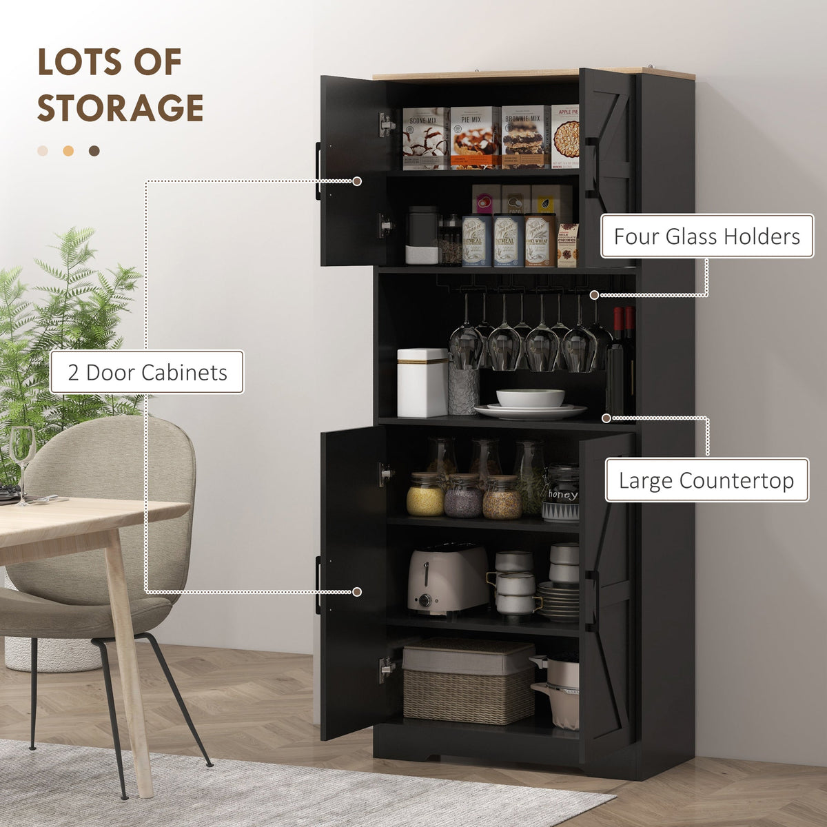 Farmhouse Kitchen Pantry, 68" Freestanding Hutch Storage Cabinet with Microwave Oven Countertop, Black
