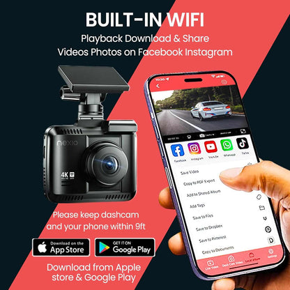 Nexio 4K Front and Rear Dash cam Sony Starvis lense WiFi GPS Builtin 64GB Inc ADAS built-in