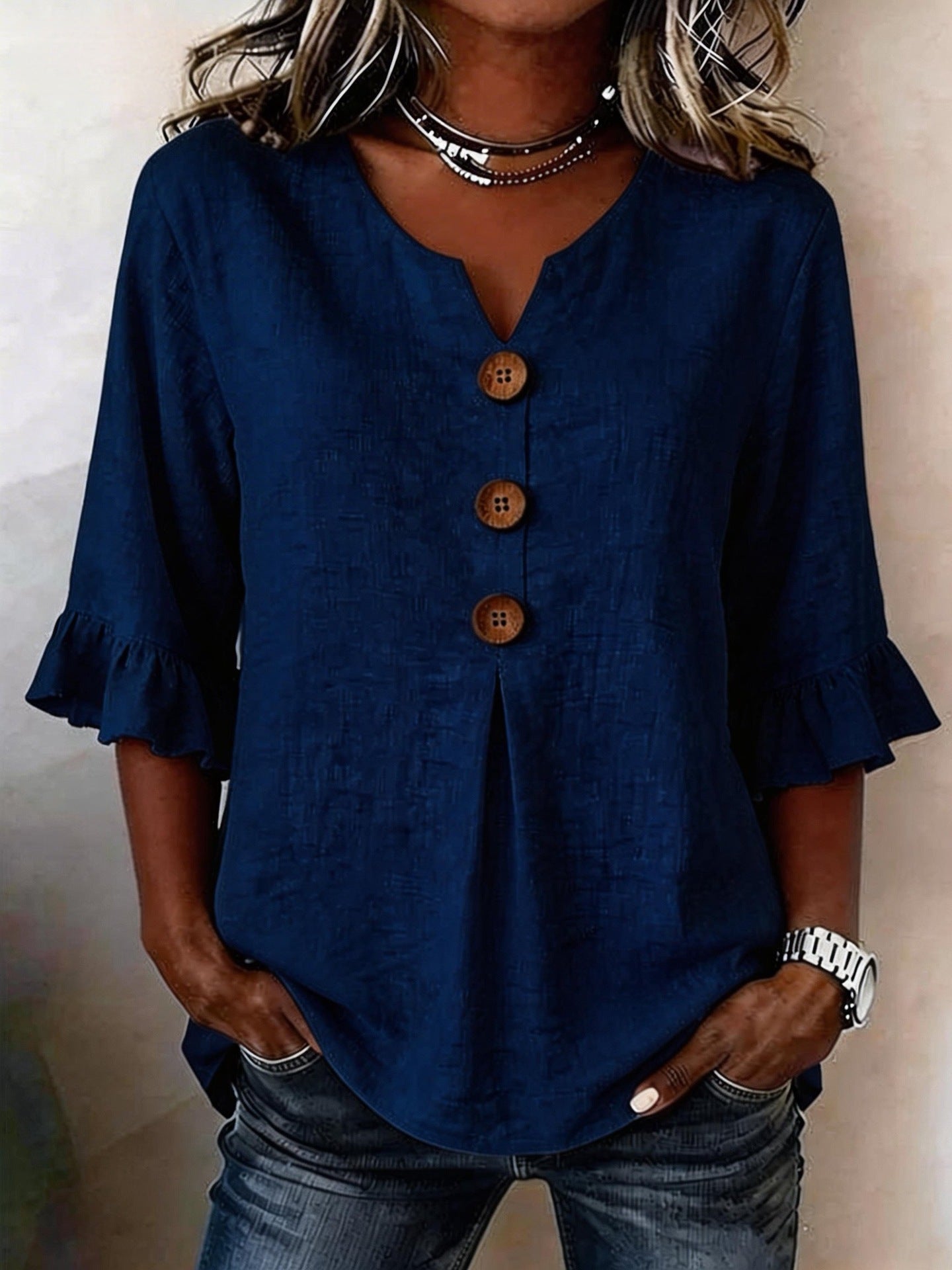 Summer Ruffled-Sleeve Top Loose Casual V-Neck Buttons Short-sleeved Shirts Women's Clothing