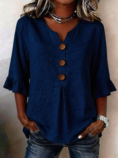 Summer Ruffled-Sleeve Top Loose Casual V-Neck Buttons Short-sleeved Shirts Women's Clothing
