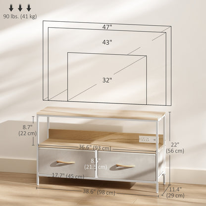 TV Stand with Charging Station, TV Table with 2 Foldable Linen Drawers and Open Shelf for 47 Inch Television, Black