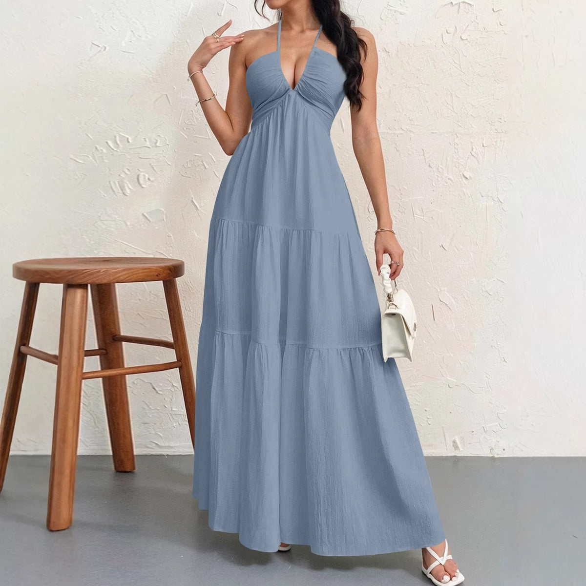 Backless Halterneck V-Neck Pleated A- Line Dress Women's Clothing One-Piece Dress Ankle-length Skirt For Beach Vacation Outfits