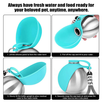 Portable Dog Water Bottle 10oz Stainless Steel Travel Dog Water Dispenser With Bowl No-Spill Puppy Water Bottle For Walking Hiking Small Dog Water Bottle