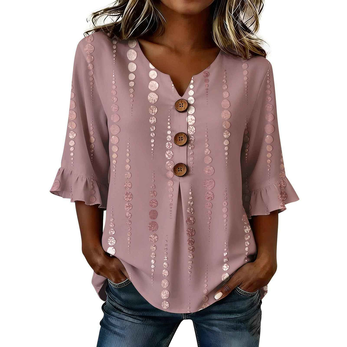 Womens Three-quarter-sleeve Buttoned Blouse With A Floral Pattern