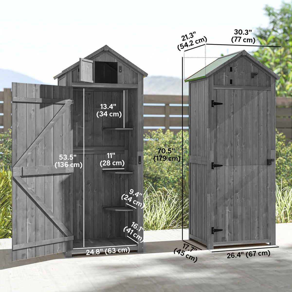 30" x 21" x 71" Garden Storage Shed, Sheds & Outdoor Storage Outdoor Workshop Yard Tool Utility Storage House Water-resistant All-weather Cover Spire Roof with 3 Tiers Shelves Grey