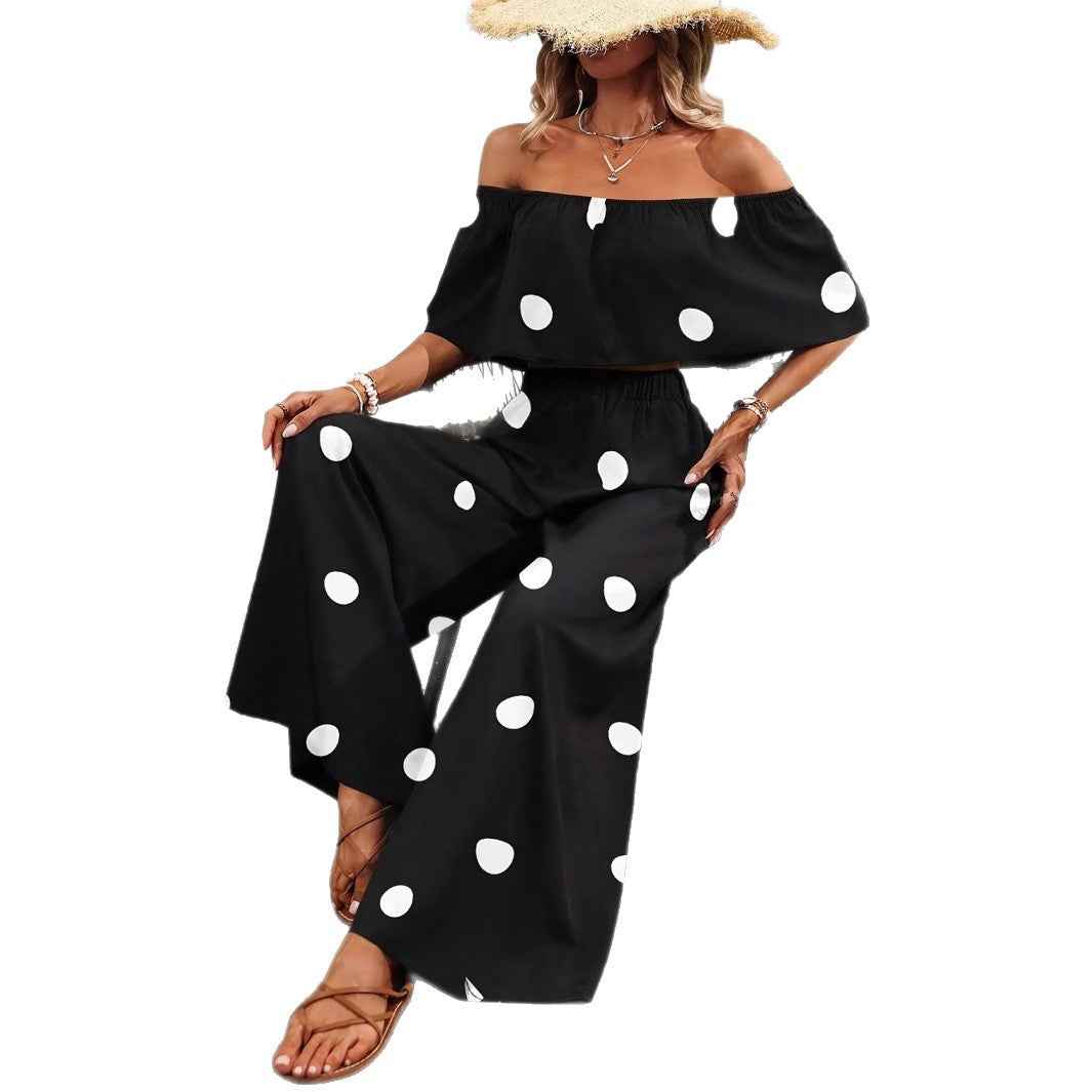 Womens Elegant Resort Polka-Dot Tube Top And Pants Set
