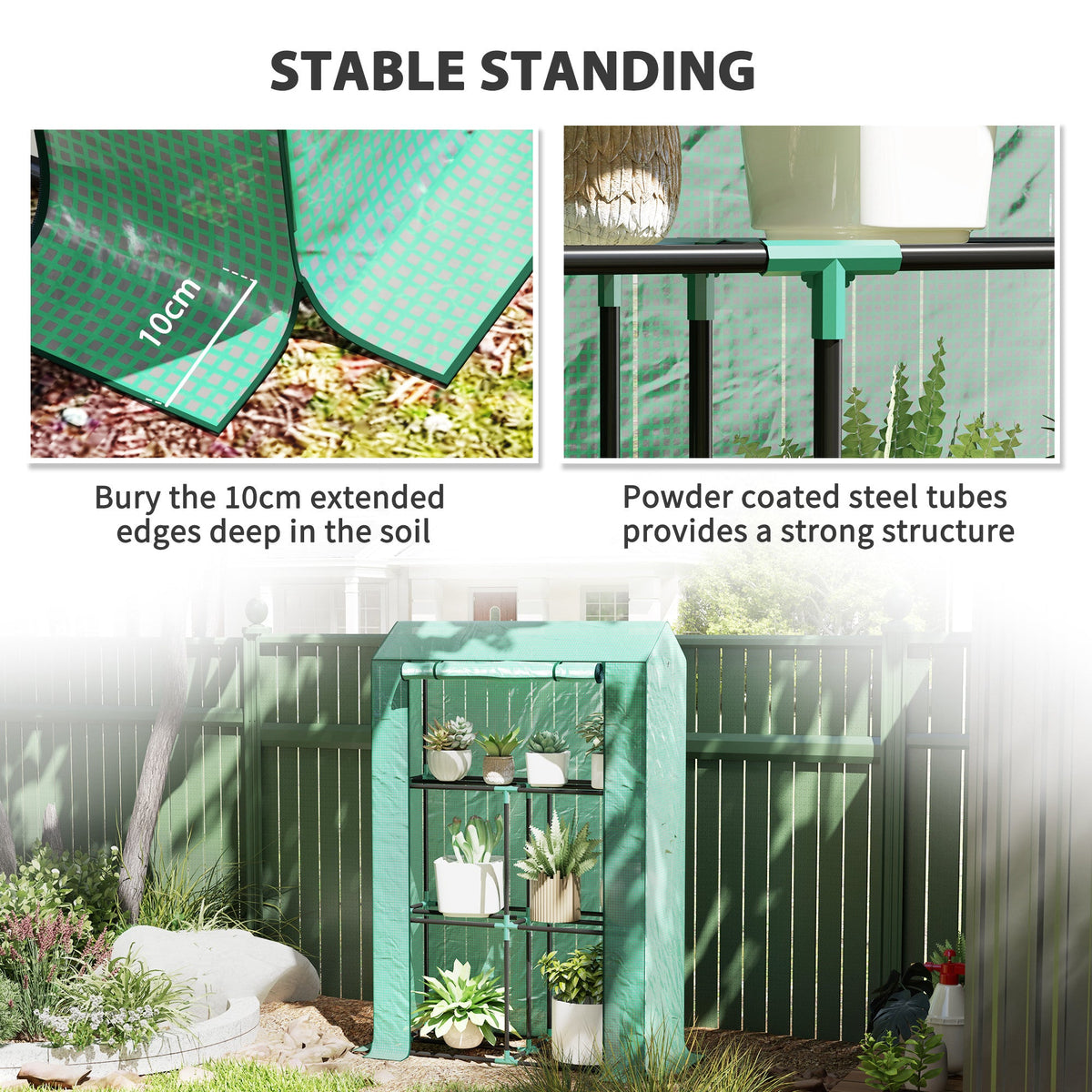 Mini Greenhouse with 3 Tier Shelves, 3 Roll-Up Doors for Indoor Outdoor, Green