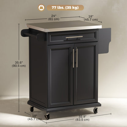 Kitchen Island with Stainless Steel Top, Rolling Kitchen Cart on Wheels with Storage Drawer, Cabinet, Towel Rack and Spice Rack (Black)