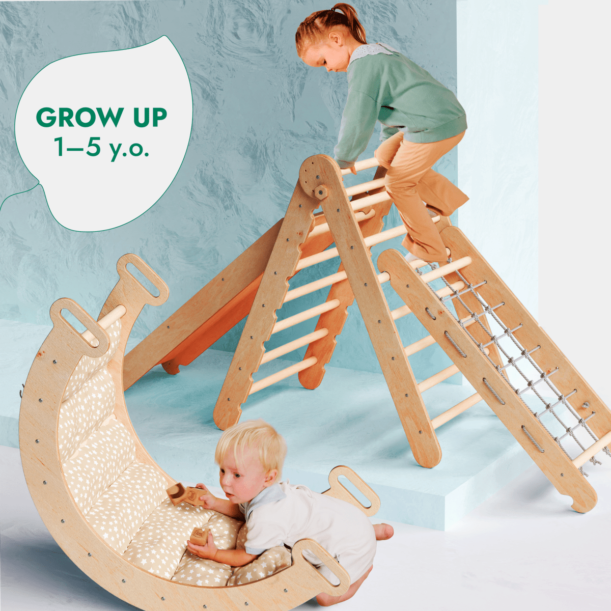5in1 Montessori Climbing Frame Set: Triangle Ladder + Arch/Rocker + Slide Board/Ramp + Netting rope + Cushion
