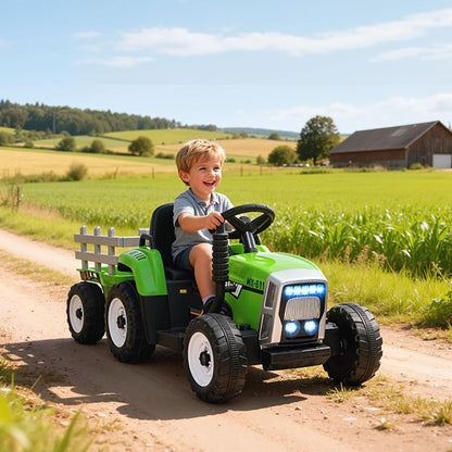 12V Kids Ride on Tractor with Trailer, Battery Powered Electric Kids Car with Remote Control, Music Start up Sound and Horn, USB, LED Lights, Green