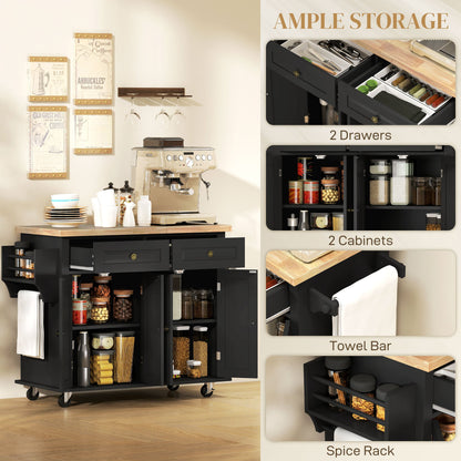 Kitchen Island with Storage, Rolling Trolley Cart with Rubber Wood Top, Spice Rack, Towel Rack, Brown Oak