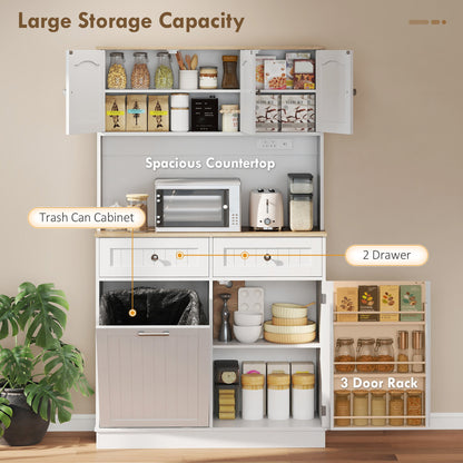 68" Pantry Cabinet with Charging Station, Storage Cabinet with Microwave Stand, 10 Gallon Trash Can Cabinet, White