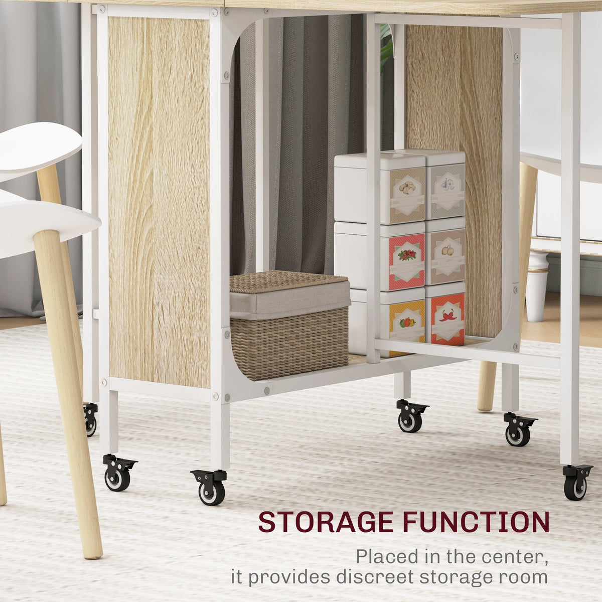 Folding Dining Table, Extendable Kitchen Table for Small Spaces with Storage Shelf and 6 Wheels, Distressed Grey
