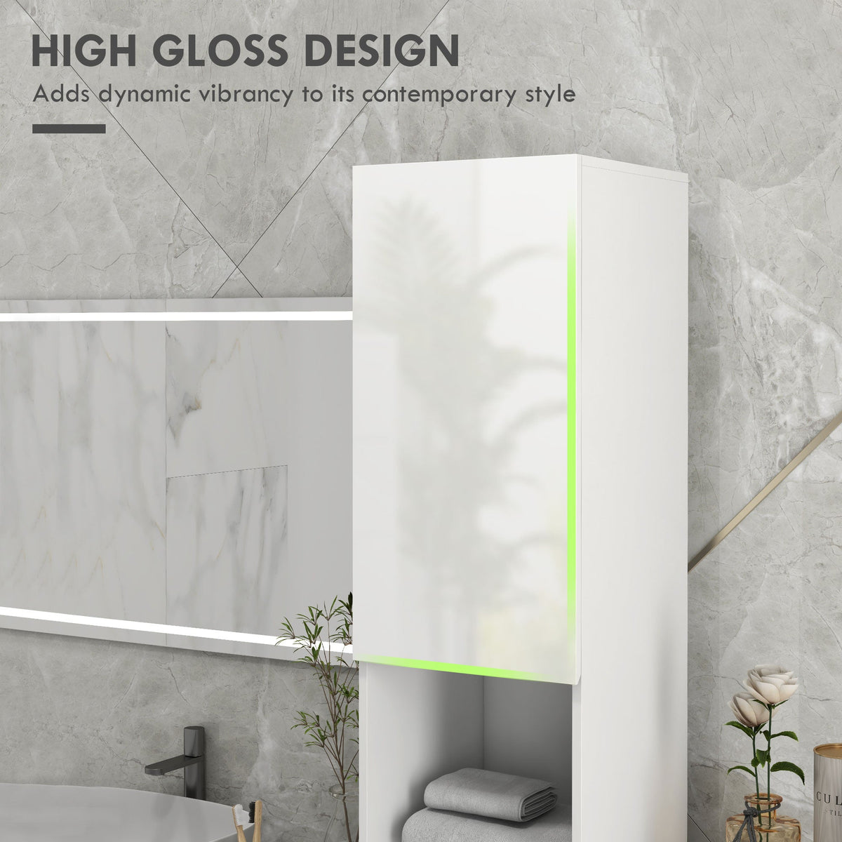Tall Bathroom Cabinet, High Gloss Storage Cabinet with Doors and Adjustable Shelves, 11.8" x 11.8" x 71.5", Black