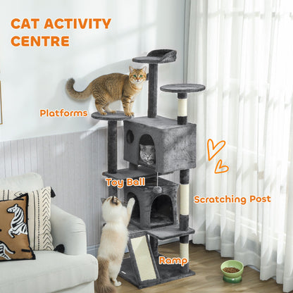 54" Cat Tree, Multi-Level Cat Tower with Scratching Posts, Cat Condos, Bed, Platforms, Ramp, Toy Ball, Beige