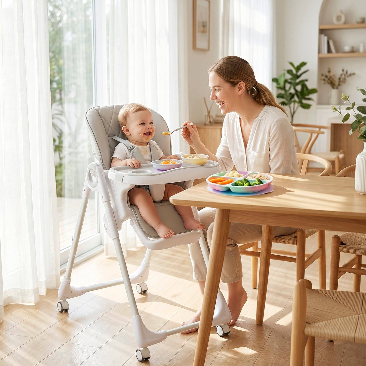 High Chair with Wheels, Double Tray, Foldable Baby Seat with Adjustable Seat Height, Backrest, Footrest and Tray, Grey