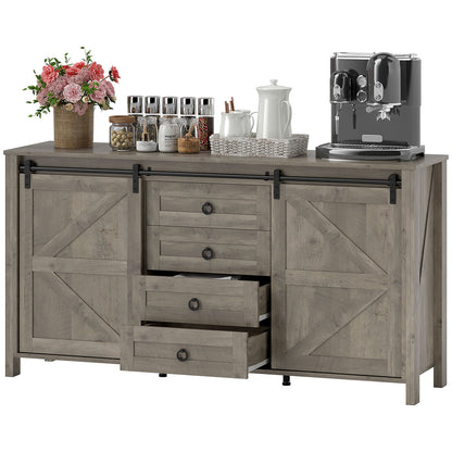 60" Buffet Cabinet, Farmhouse Sideboard with Sliding Barn Doors, Drawers and Adjustable Shelves, Cream White