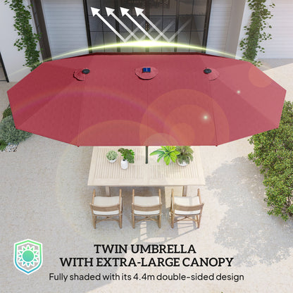 174" Double-Sided Sun Umbrella Garden Parasol Patio Sun Shade Outdoor with LED Solar Light, Khaki