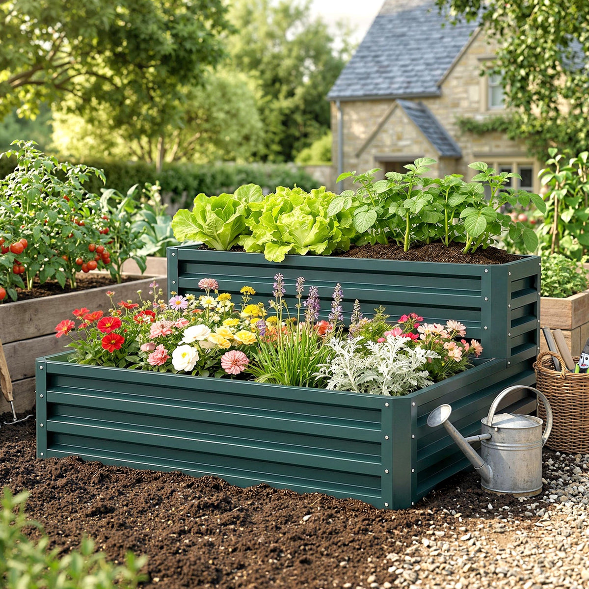 2 Tier Raised Garden Bed, 47" x 40" x 23" Galvanized Steel Planter Box for Vegetables, Flowers, and Herbs, Dark Grey