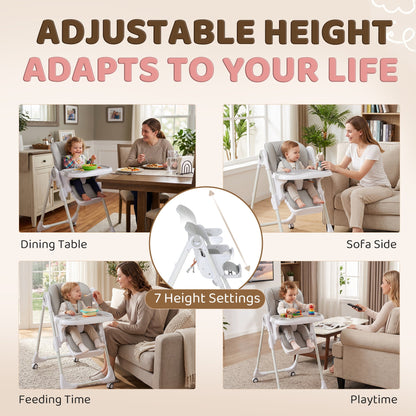 High Chair with Wheels, Double Tray, Foldable Baby Seat with Adjustable Seat Height, Backrest, Footrest and Tray, Grey