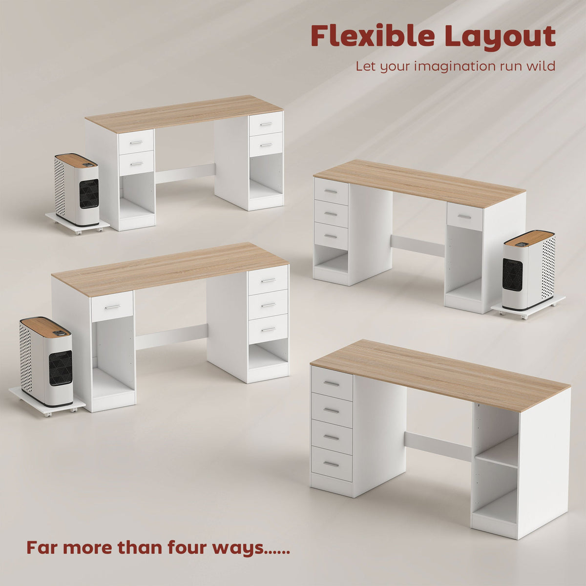 Office Desk, 55" Computer Desk with 4 Reversible Drawers, Mobile PC Stand, Adjustable Shelf, Black Wood Grain