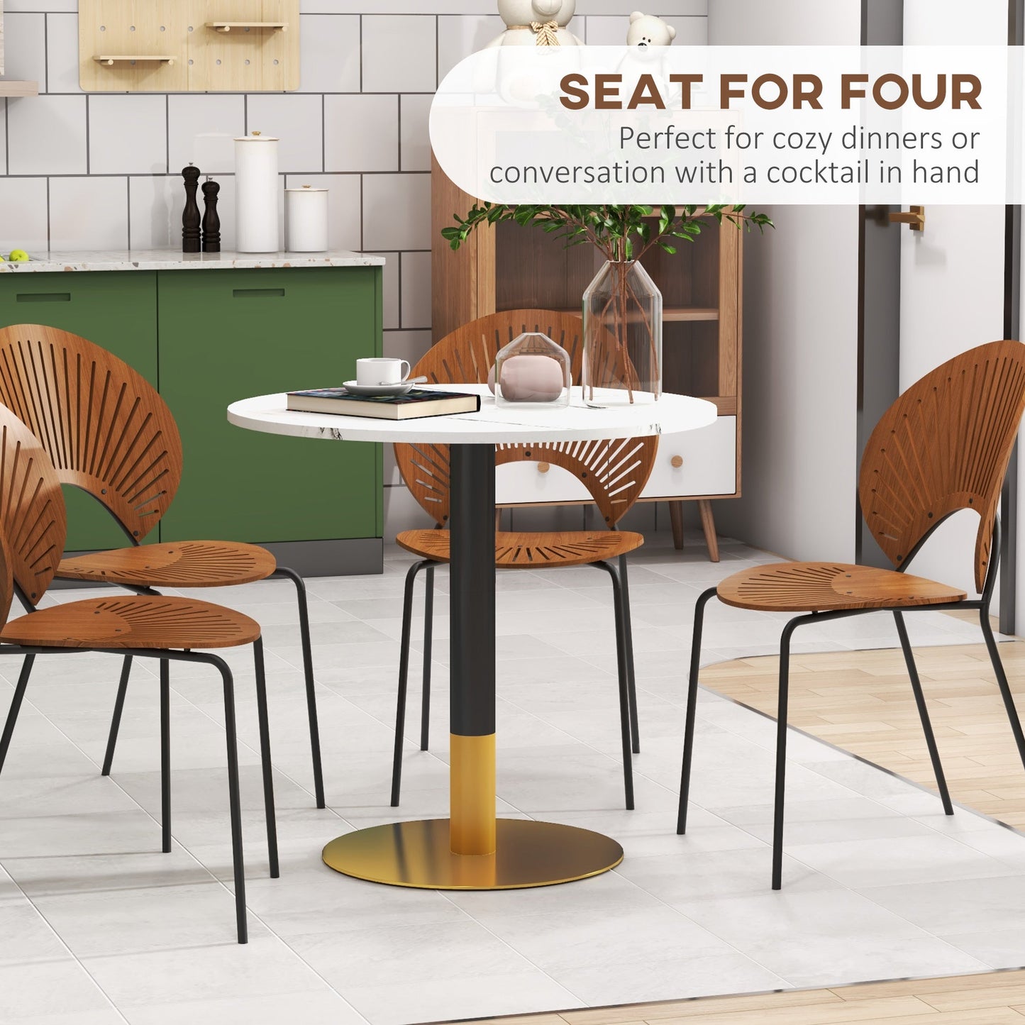 Rene Round Modern Dining Table with Faux Marble Top for Small Spaces-White