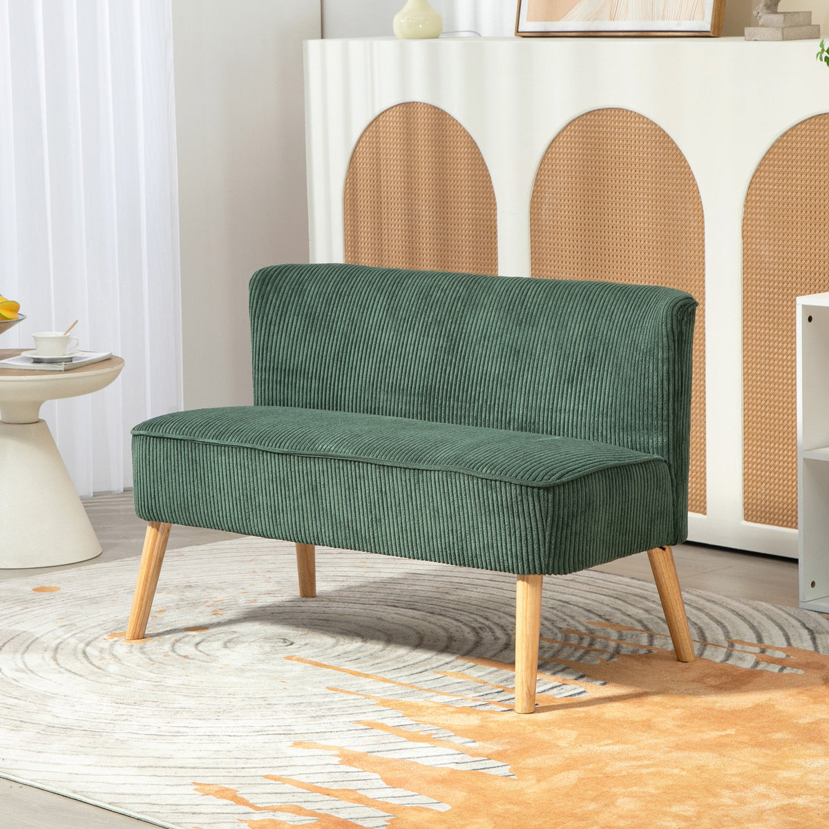 Modern 2 Seater Sofa, Upholstered Two Seater Couch with Rubber Wood Legs, Cream White