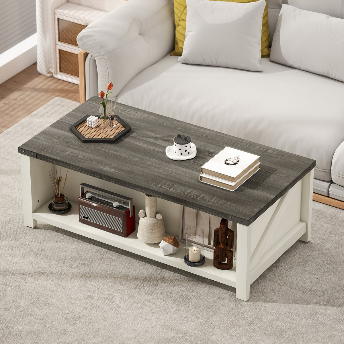 Lowen Farmhouse Coffee Table with Drawer and Open Storage Shelf-Distressed Grey/White