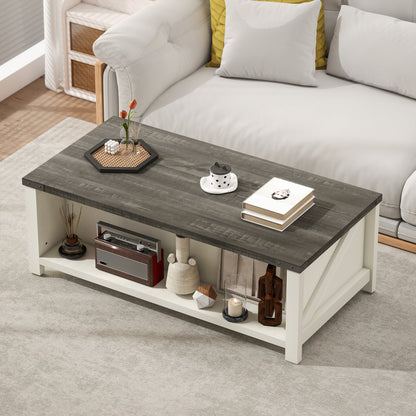 Lowen Farmhouse Coffee Table with Drawer and Open Storage Shelf-Distressed Grey/White