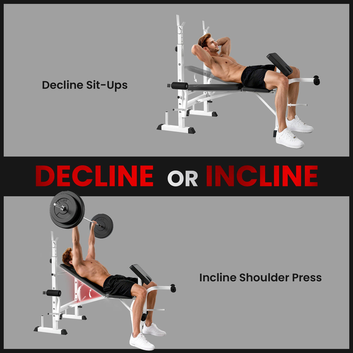 Bench Press Set Adjustable Weight Bench with Squat Rack, Preacher Curl Pad, Leg Developer and Weight Storage, White