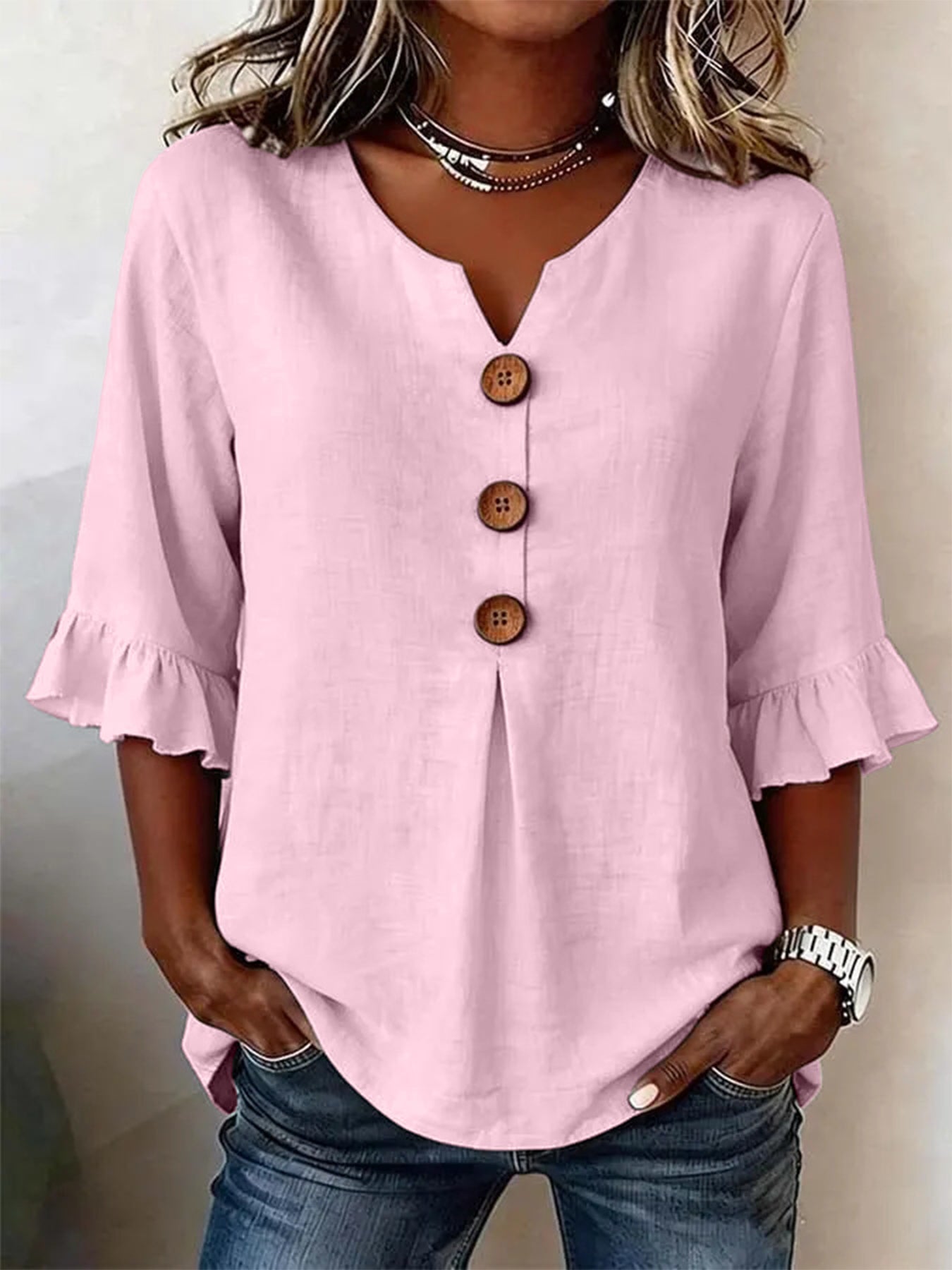 Summer Ruffled-Sleeve Top Loose Casual V-Neck Buttons Short-sleeved Shirts Women's Clothing