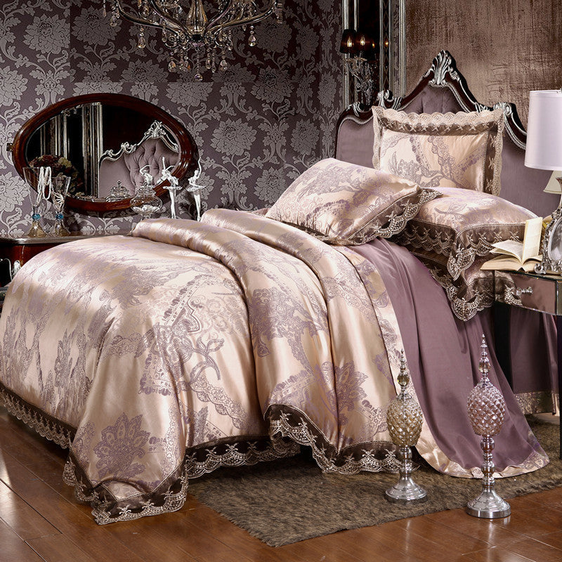 Jacquard Cotton Four‑Piece Luxury Bedding Set – Pure Cotton Duvet Cover &amp; Silk‑Satin Finish Bed Sheet