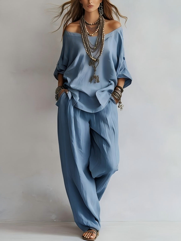 Off-shouder Suits Fashion Three-quarter Sleeves Top And Loose Pockets Wide-Leg Pants Set Women's Clothing