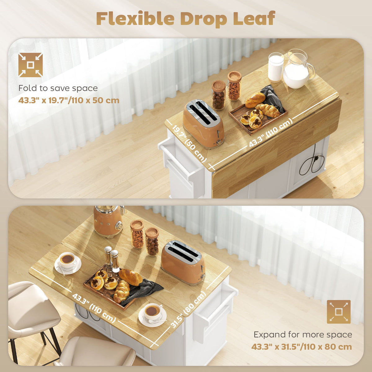 Kitchen Island Cart, Portable Kitchen Island Table with Charging Station, Rubber Wood Drop Leaf, Trash Storage, Black