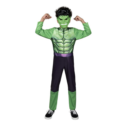 Marvel Hulk Official Youth Halloween Costume - Premium Quality Fabric Jumpsuit with Printed Design and Plastic Mask (Large) Green