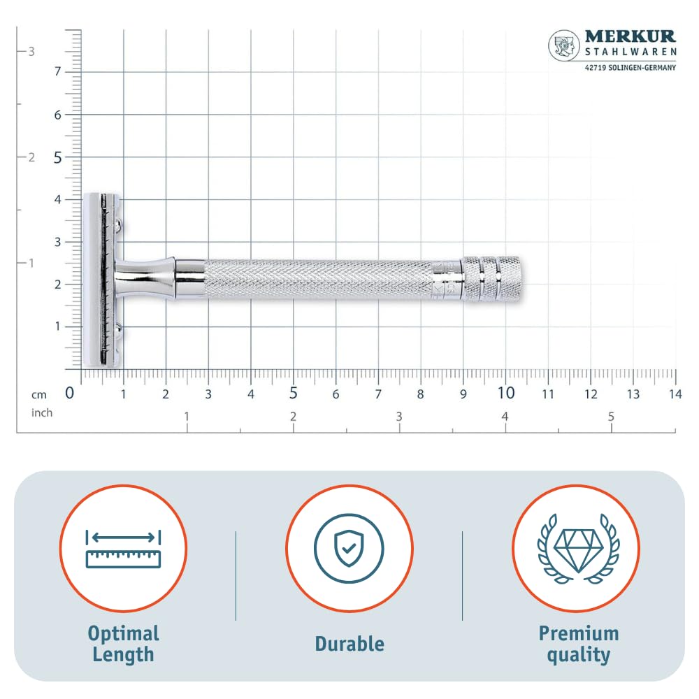 Merkur 23C 3-Piece DE Safety Razor, Closed Comb, Knurled Extra Long Handle, Chrome