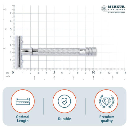 Merkur 23C 3-Piece DE Safety Razor, Closed Comb, Knurled Extra Long Handle, Chrome